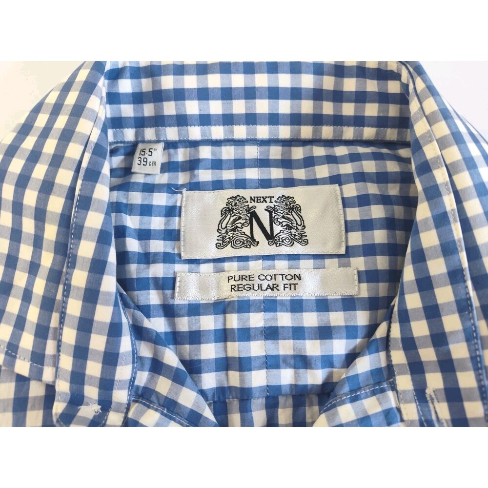NEXT Blue Check Pattern Cotton French Cuff Work Shirt Dress 15.5 Long Sleeve